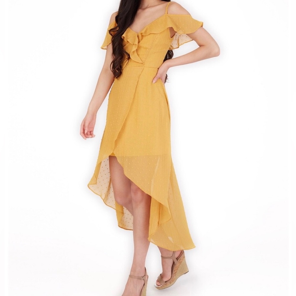 BCX Cold Shoulder High Low Maxi Dress Mustard Yellow Size M